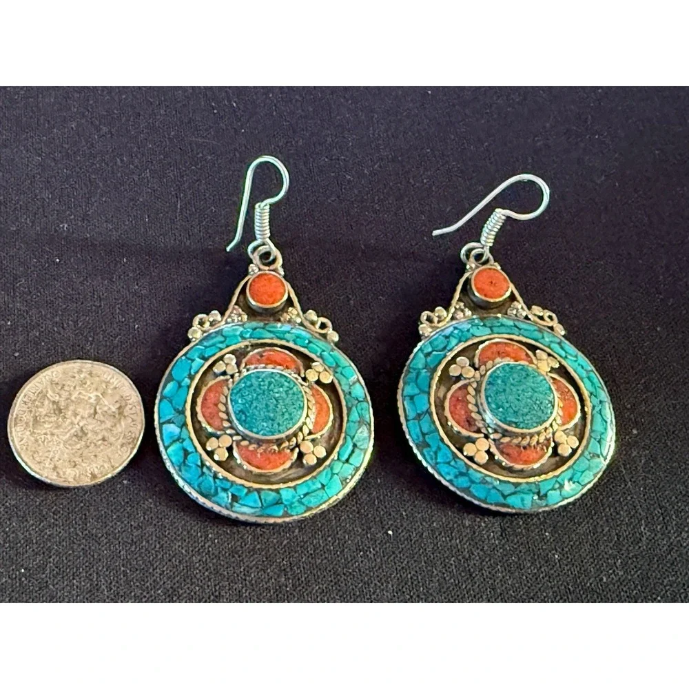925 Silver Tribal Turquoise And Coral Earrings‎ Handcrafted with History